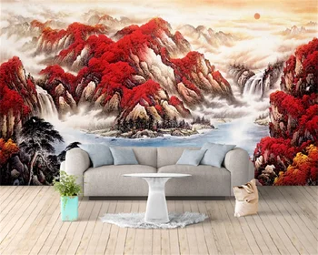 Фотообои на заказ, китайский пейзаж, картина маслом, холл, гостиная, чайный домик, диван, фон для домашнего декора, настенная роспись в горах 11