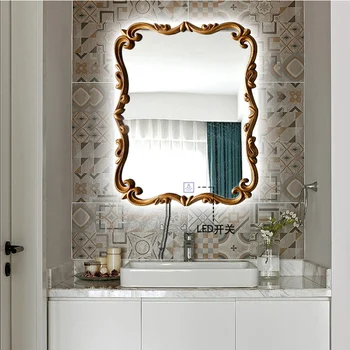 Французское настенное резное зеркало в ванной комнате, роскошное зеркало для макияжа в спальне, зеркало для ванной комнаты для гостей, противотуманное светодиодное зеркало 10
