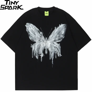 Футболка в стиле хип-хоп, мужская уличная одежда оверсайз, Темная футболка с изображением бабочки, Черная летняя футболка Harajuku 2023, Хлопковая свободная футболка 12