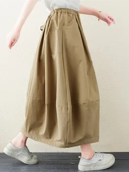Хлопчатобумажная женская юбка Mori Girl 2022 Лето Осень Однотонная Свободная Трапециевидная Модная юбка с эластичным поясом-фонариком Женская YoYiKamomo 4