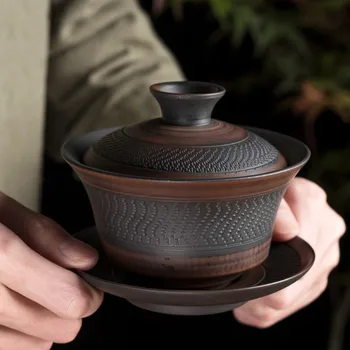 Цзяньшуй Фиолетовая керамика Gaiwan Ceramic Бытовой Чайный сервиз Кунг-фу ручной работы, Чайная Чаша, чайник для приготовления чая, Чайная церемония 12
