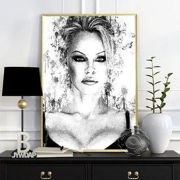 Черно-белая акварель, плакат Памелы Андерсон, Канадской актрисы, Элегантные эскизы богини, минималистичный портрет, декор стен