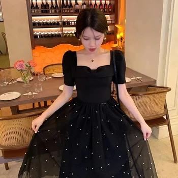 Черное платье Миди с жемчужной талией, женское летнее однотонное модное платье с коротким рукавом, повседневное цельное длинное платье в корейском стиле, Новинка 16