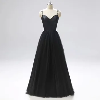 Черные Атласные Сетчатые Простые Элегантные Вечерние платья на подтяжках Длиной до пола с прострочкой Vestidos De Noche 4