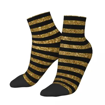 Черные и золотистые блестящие носки до щиколотки в винтажную полоску, мужские и женские зимние чулки с принтом 10