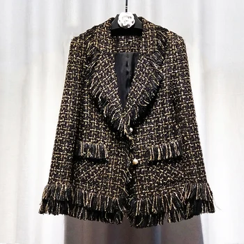 Черный твидовый пиджак с жемчужной пряжкой, длинная металлическая ткань 2019, осенне-зимнее женское пальто, женская куртка, пальто 2
