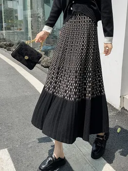 Что-то новенькое, осенне-зимняя Корейская юбка с завышенной талией, женская трикотажная юбка средней длины с разворотами 2