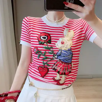 Шикарная Корейская версия, вязаная рубашка в полоску с кроликом, топ, женский Летний женский свитер с коротким рукавом, футболки, топы