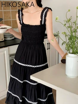 Шикарное винтажное плиссированное платье на бретелях контрастного цвета Koean, французское платье с кружевной вставкой, уменьшающее талию, летнее женское платье трапециевидной формы