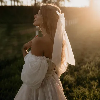 Шифоновое свадебное платье без бретелек с пышными рукавами, сшитое на заказ в стиле Бохо Бич Гарден 13