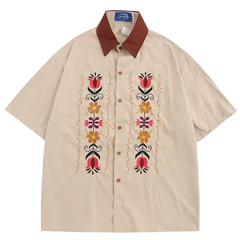 Японская ретро рубашка с вышивкой в мелкий цветок для мужчин, рубашки с коротким рукавом, пальто, летняя модная хлопковая свободная куртка в стиле хип-хоп цвета Хаки 5
