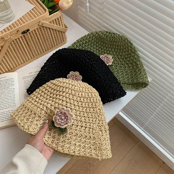 Японские женщины, Летняя Соломенная шляпа-ведро с цветами, Летняя Полая Дышащая шляпа-ведро от солнца, Корейская шляпа-тазик