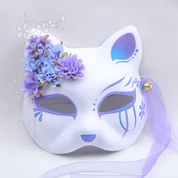Японское кимоно маска лисы и кошки ручная роспись аниме фиолетовый синий градиентный шелковый цветок колокольчик косплей