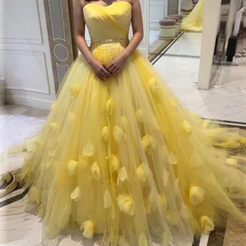 Ярко-желтое свадебное платье без бретелек с завышенной талией и цветами ручной работы со шлейфом на шнуровке сзади Доступные размеры платья для мероприятий 17